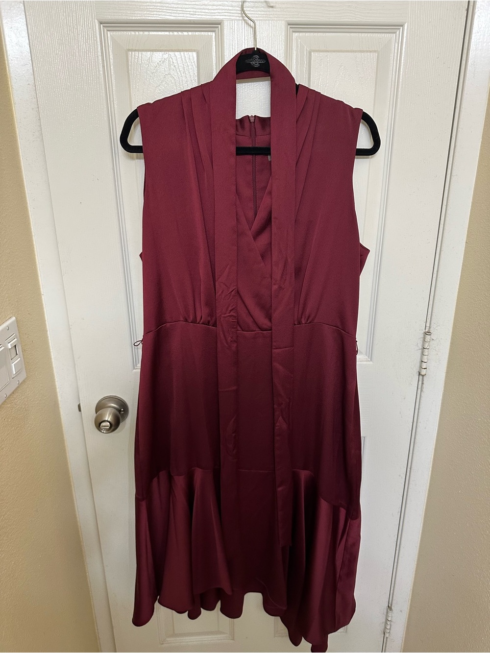 Sleeveless Midi Dress in Wine Red with Draped V-Front